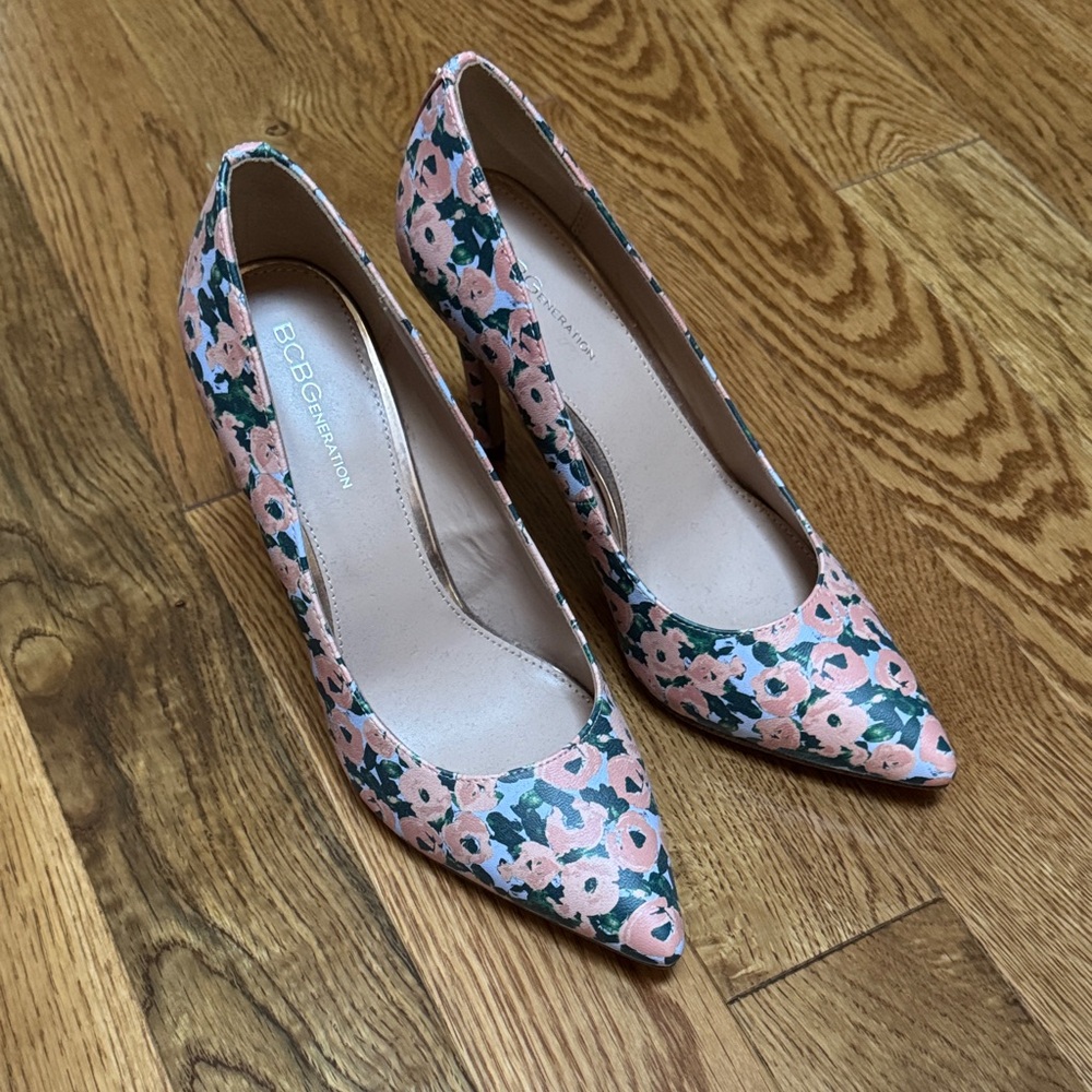 BCBGeneration Floral Print Heels in Pink and Green